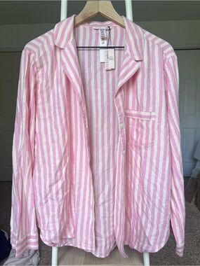 NWT Victoria’s Secret Pink White Striped Metallic Button Up Pajama Shirt L